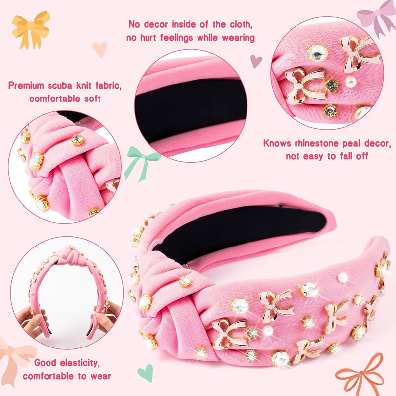 PANTIDE Coquette Pink Bow Jeweled Knotted Headband - Rhinestone Crystal Pearl Embellished Preppy Trendy Headband Wide Top Knot Non Slip Fashion Hairband Accessories Birthday Gift for Women Girl (Pink) - Image 3